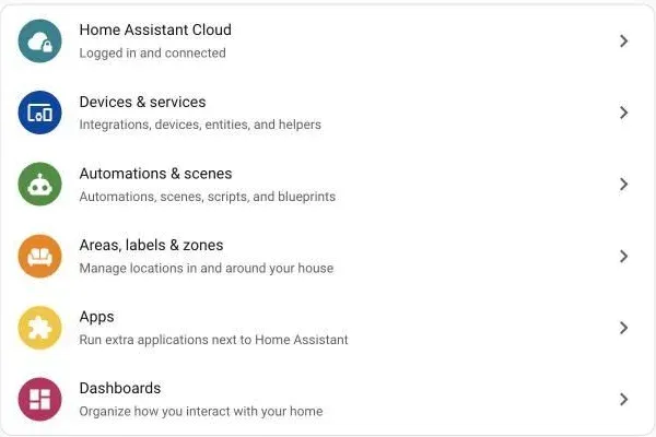 Home Assistant Settings page with the Devices and services entry