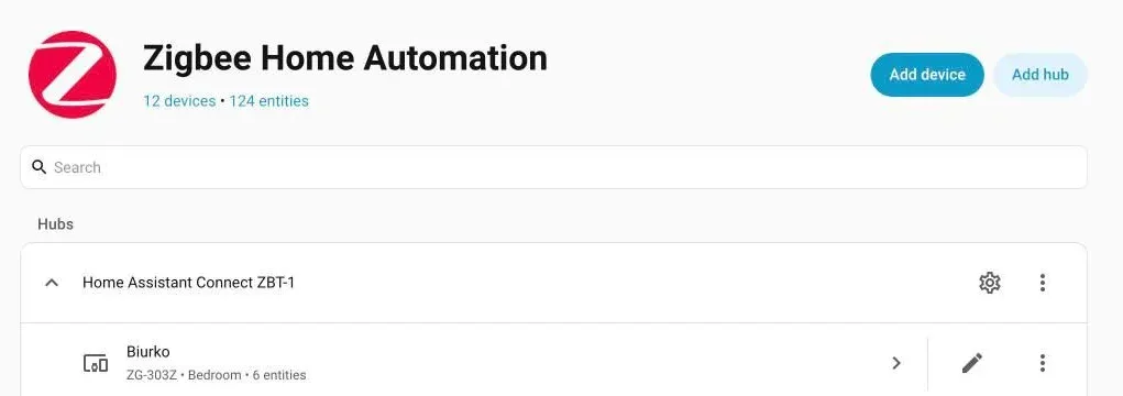The Zigbee Home Automation page with the Add device button