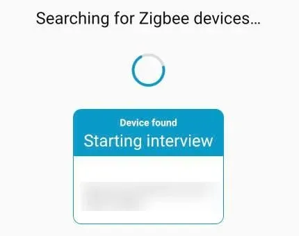 ZHA search screen showing Device found and Starting interview