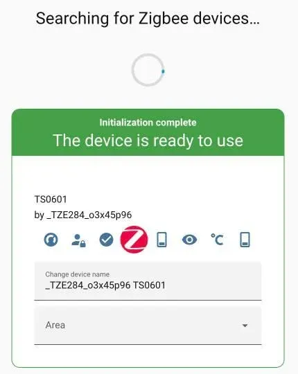 ZHA card saying Initialization complete, the device is ready to use