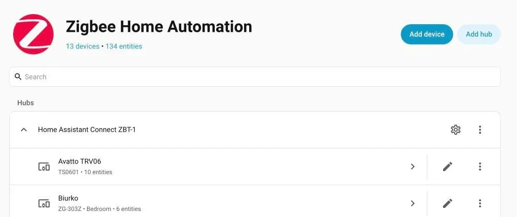 ZHA device list with the new Avatto TRV06 as the first entry