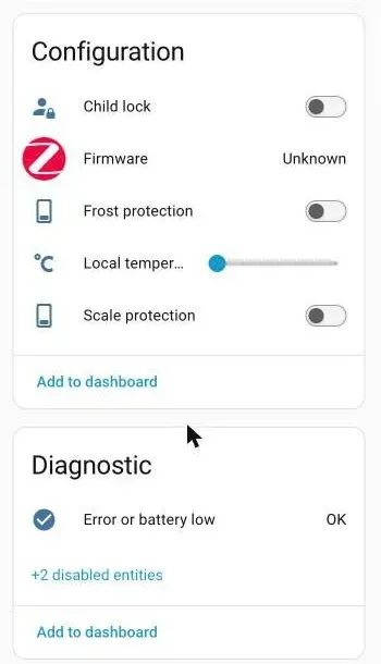 Configuration and Diagnostic cards of the Avatto TRV06 device