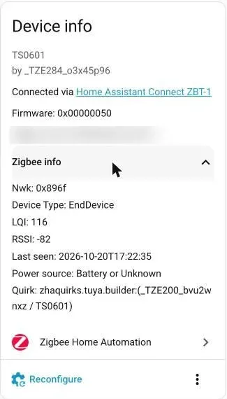 Zigbee info card showing LQI, RSSI and the stock Tuya quirk