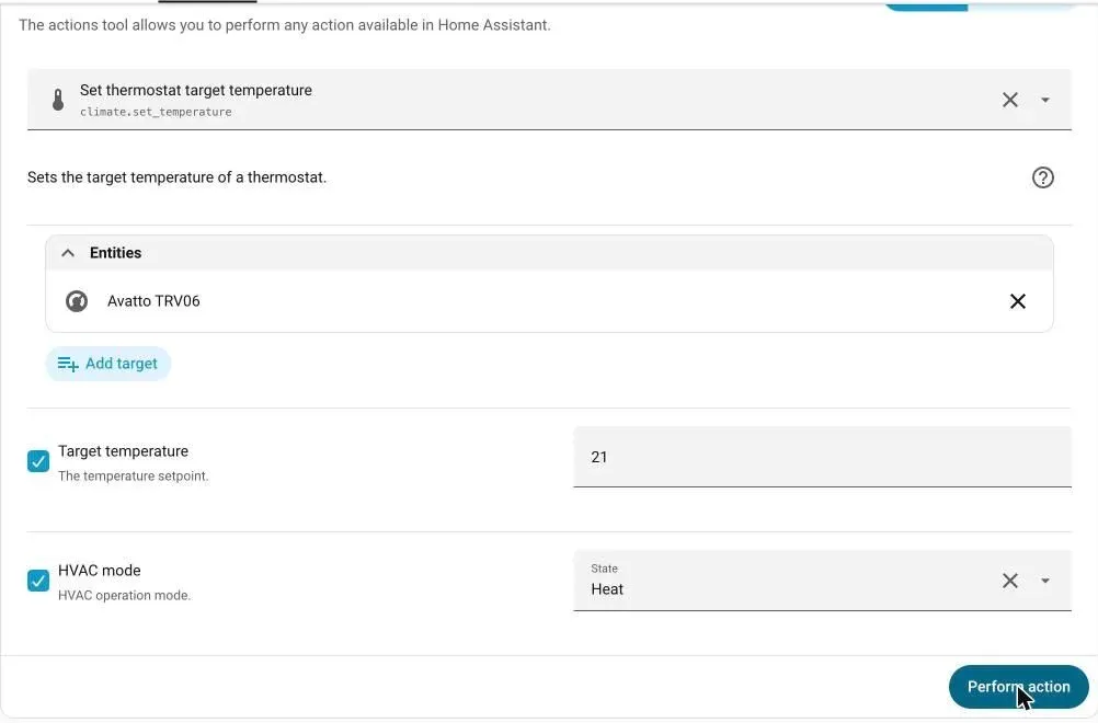 Developer tools Actions page with set temperature 21 and Heat selected for the Avatto TRV06