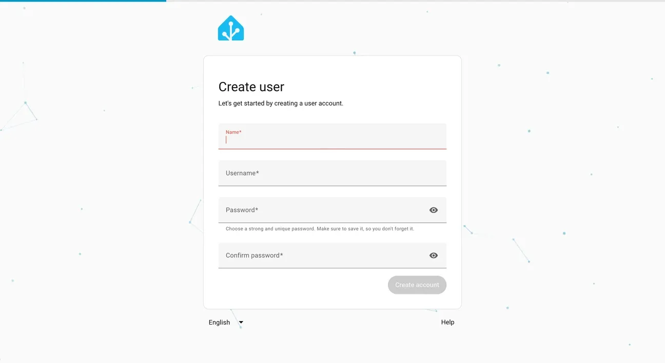 Home Assistant account creation screen with username and password fields during initial setup