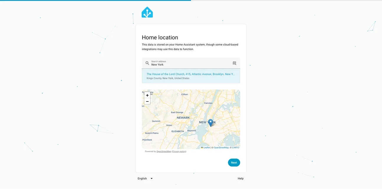 Home Assistant location setup screen showing time zone and home address configuration