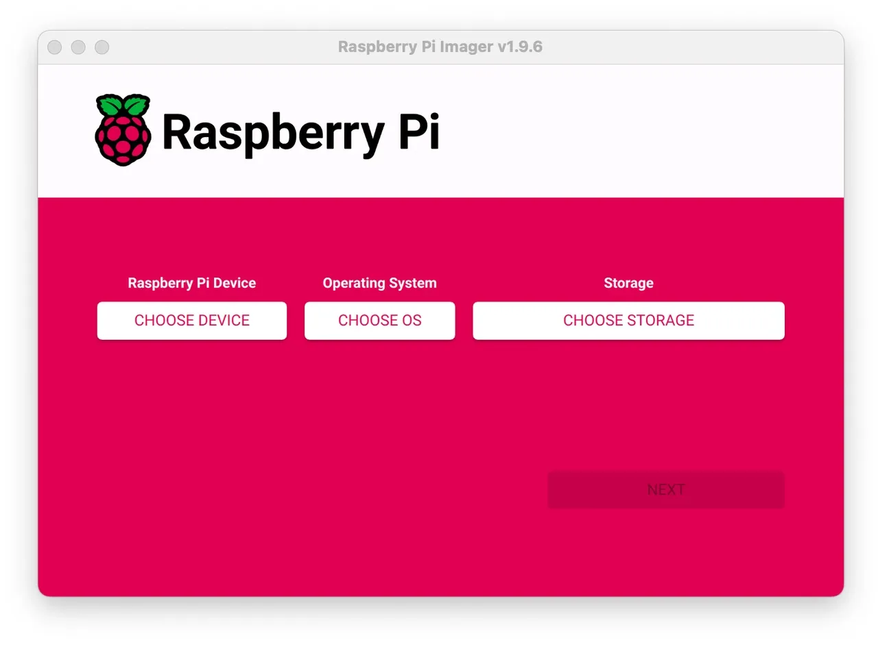 Pi Imager opening screen with device selection interface and Choose OS button