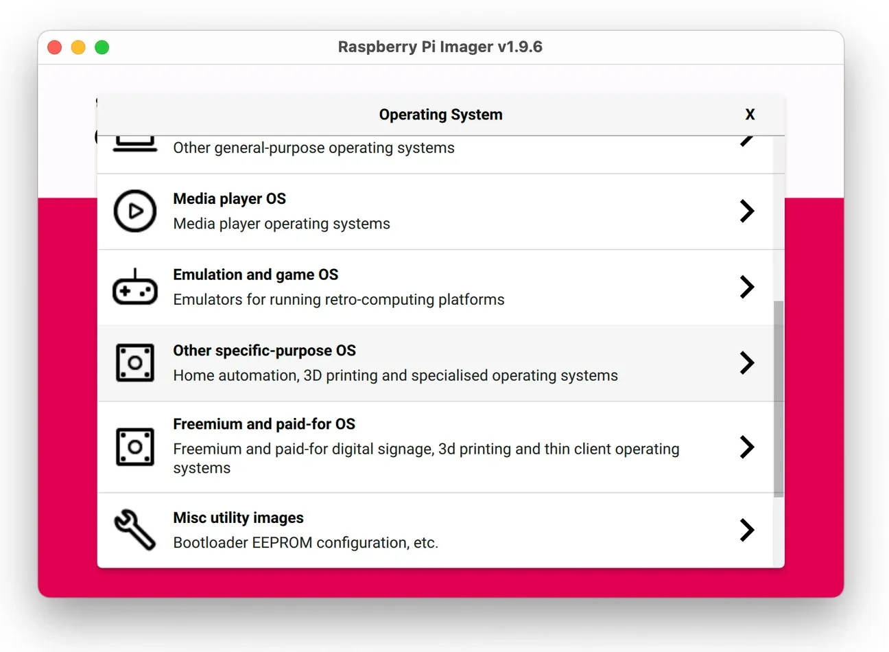 Pi Imager OS dropdown menu showing categories like Raspberry Pi OS, Ubuntu, and operating system options