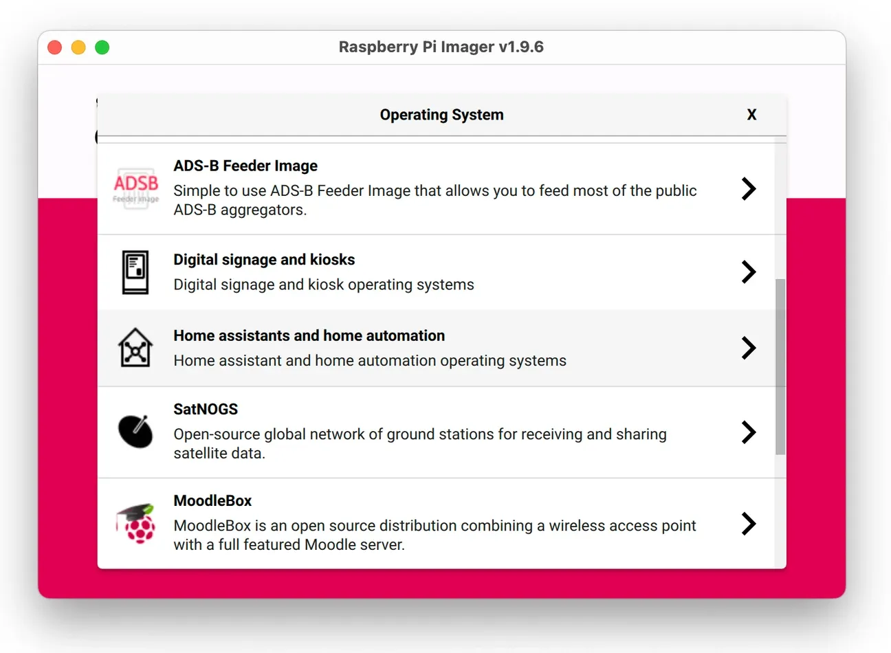 Pi Imager highlighting Home Assistant OS selection under the Home assistants category