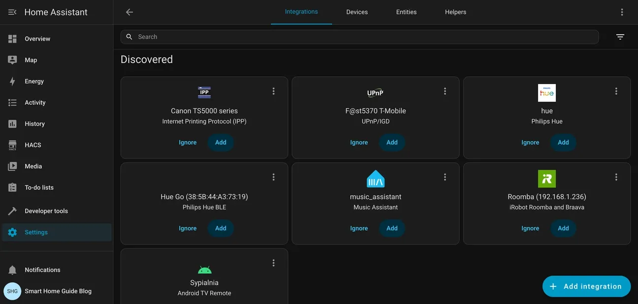 Home Assistant Settings Devices and Services page
