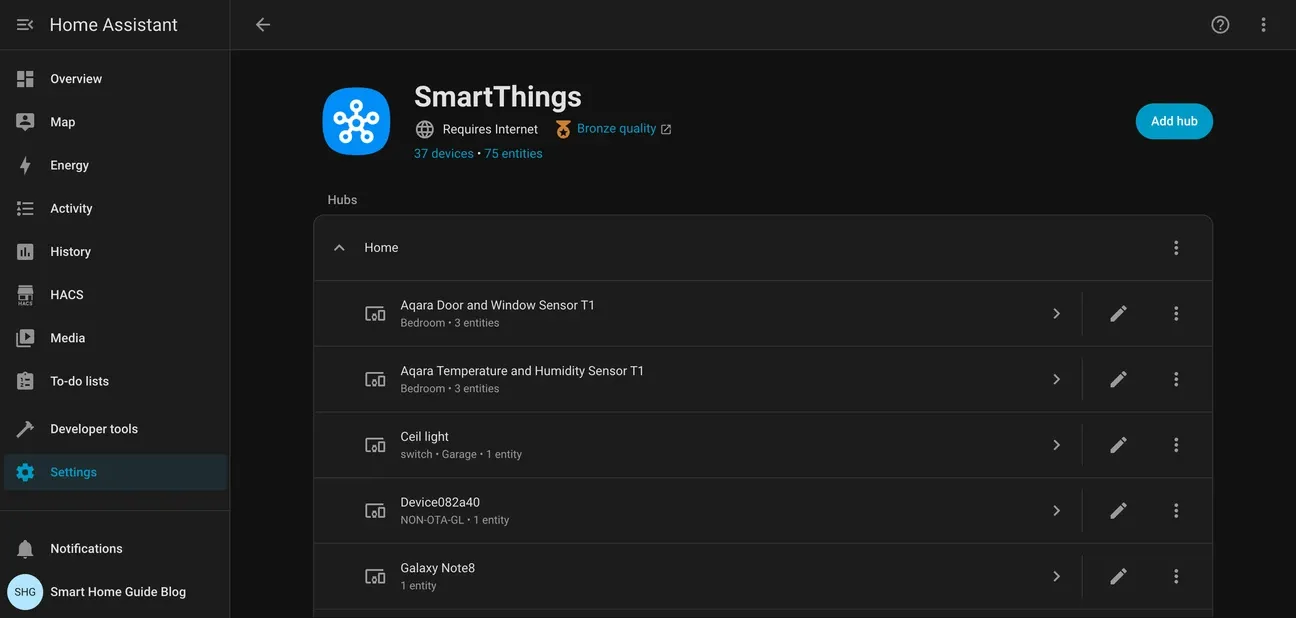 SmartThings entity details in Home Assistant showing device controls