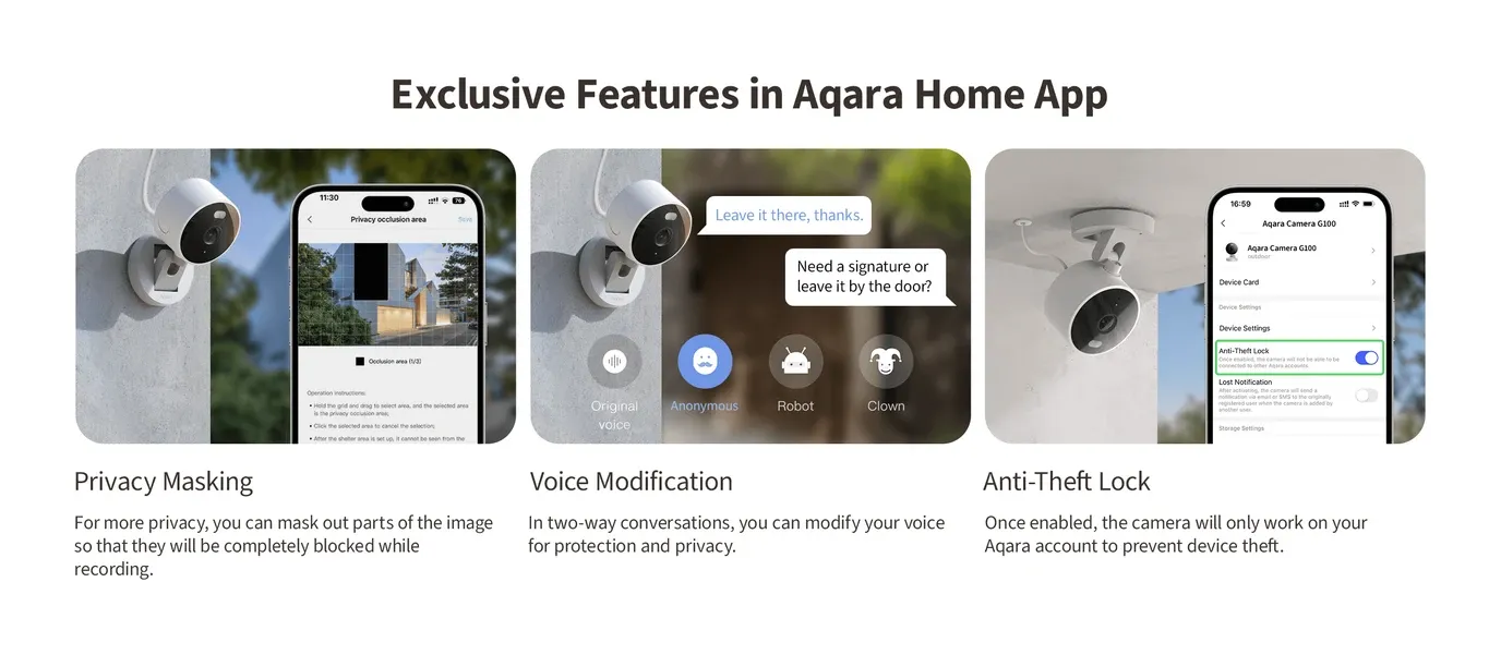 Aqara Camera G100 working with Apple HomeKit, Google Home, and Amazon Alexa app control