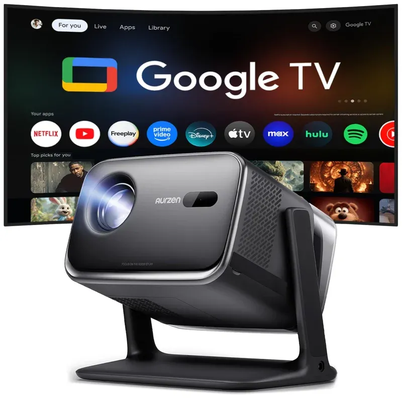 Aurzen BOOM mini Google TV projector in black from the front showing lens and sensor array