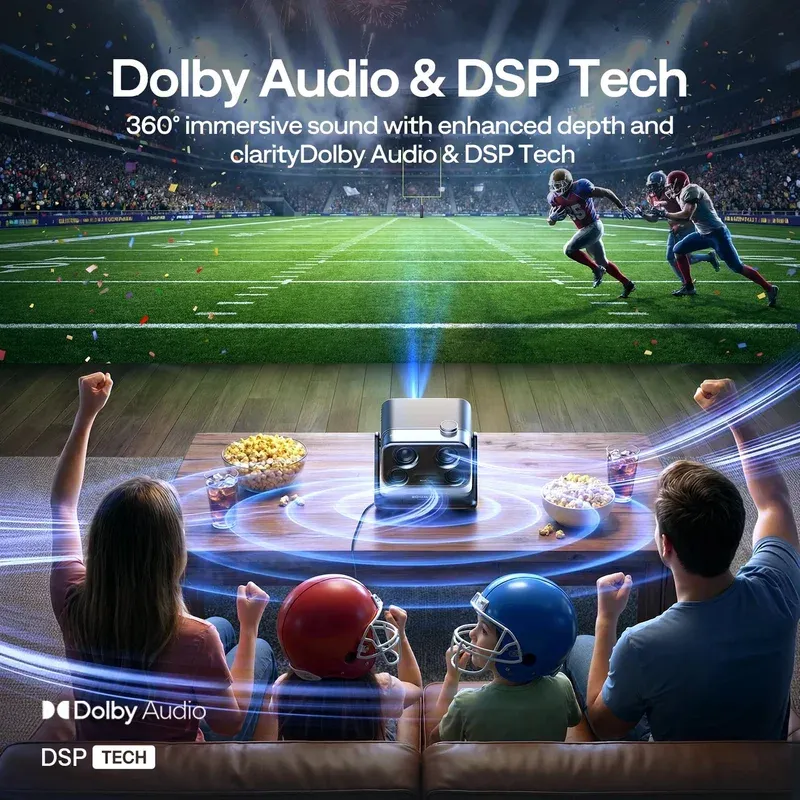 Aurzen BOOM mini showing 20W Dolby Audio speaker grille and compact portable projector design