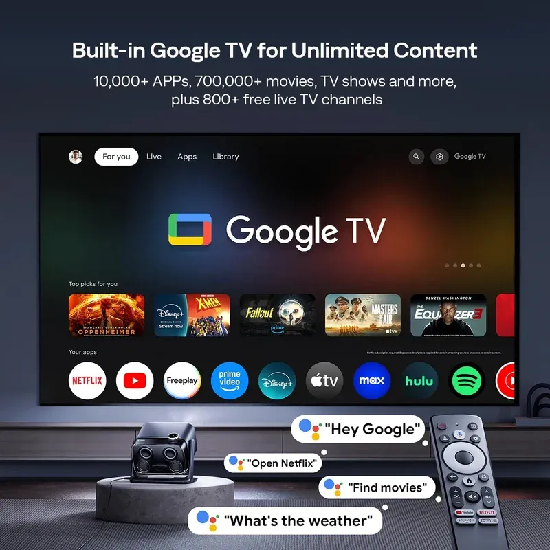 Aurzen BOOM mini portable projector with Google TV interface showing 10000 plus apps and voice commands