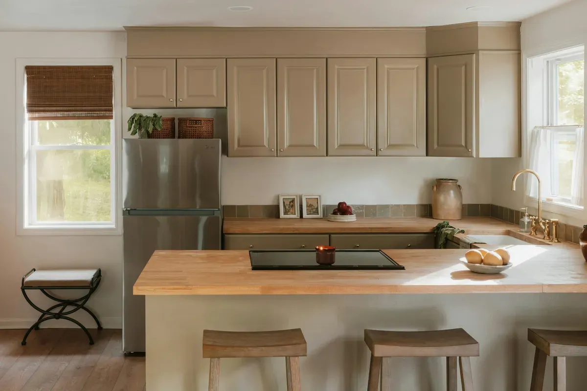 A kitchen island with light wood worktops and fitted units