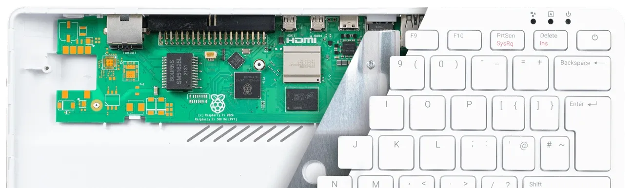 Disassembled Raspberry Pi 500 showing internal components