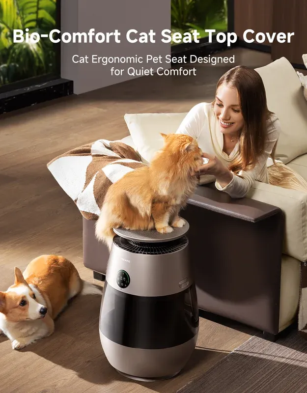 Dreame AP10 Pet Air Purifier with Bio-Comfort cat seat top cover showing a cat resting on the unit