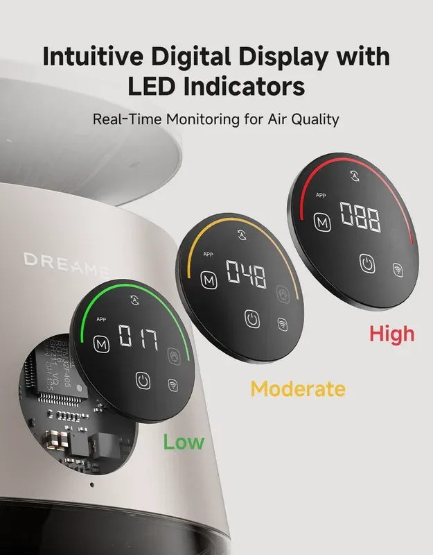 Dreame AP10 intuitive digital display with LED air quality indicators showing real-time PM2.5 level