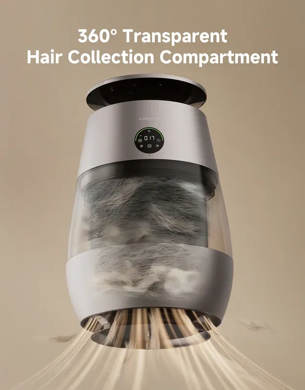 Dreame AP10 transparent hair collection compartment showing captured fur and debris