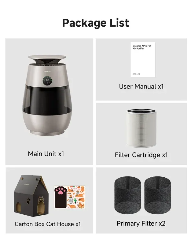 Dreame AP10 Pet Air Purifier package contents including unit, HEPA filter, carbon ring, and power cord