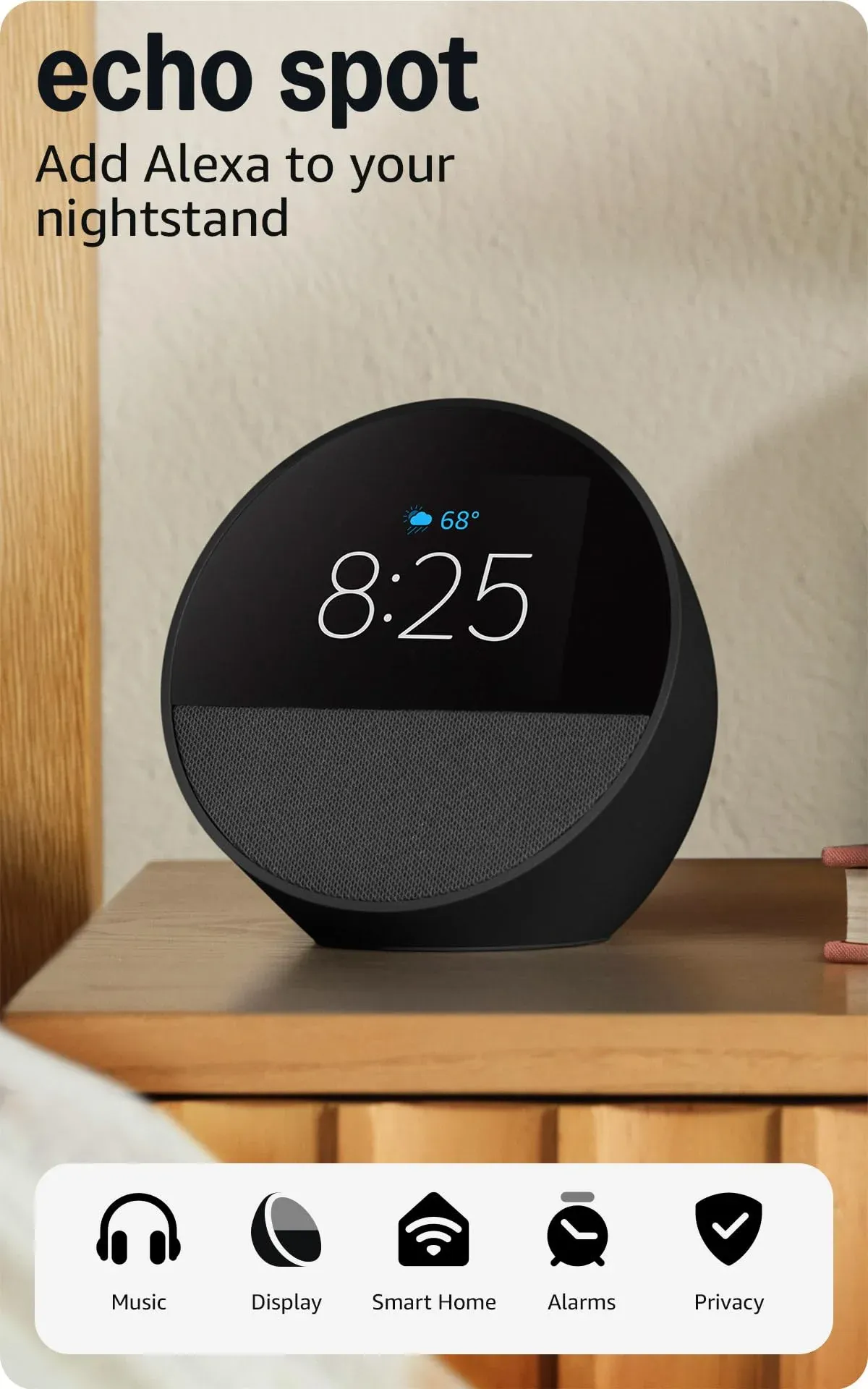 Echo Spot 2024 in lifestyle setting on bedroom nightstand