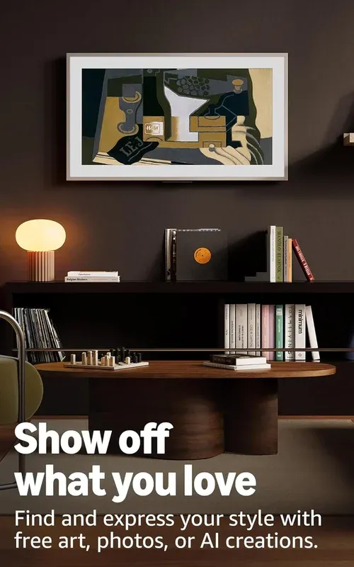 Amazon Ember Artline TV mounted in dark living room study showing classic artwork in art gallery mode