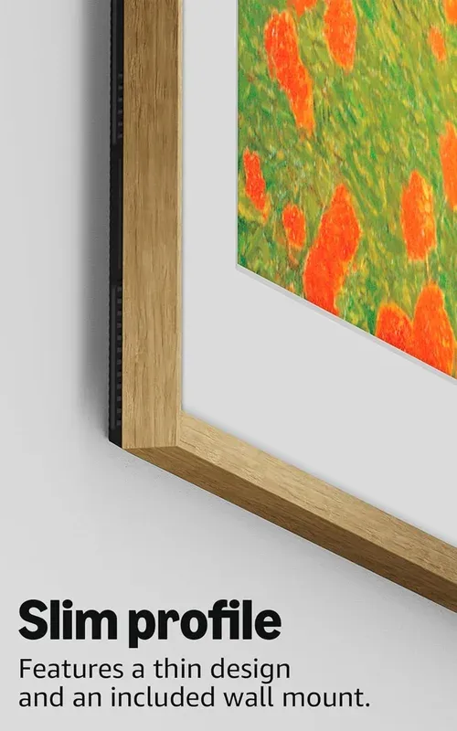 Amazon Ember Artline 55 displaying abstract art in bright living room with ambient light sensor active