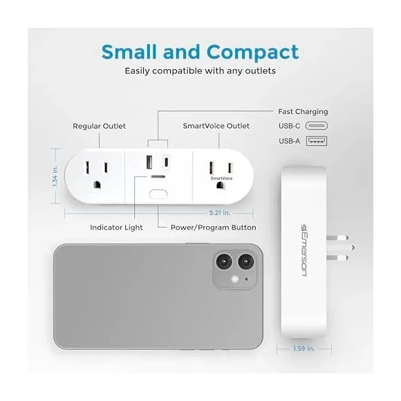 Detail view of Emerson SmartVoice Plugs (dual) AC outlets showing 15A capacity Emerson SmartVoice Plug ES523 showing AC outlet ports with space-efficient design