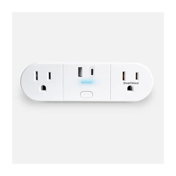 Front view of Emerson SmartVoice Plugs (dual) 4-in-1 wall plug displaying outlets and USB ports Emerson SmartVoice Plug ES523 front view showing dual AC outlets and USB ports arrangement