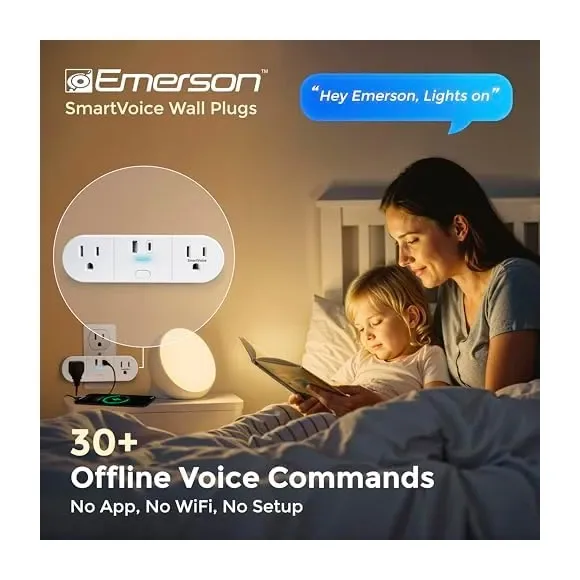 Side view of Emerson SmartVoice Plugs (dual) demonstrating space-efficient profile Emerson SmartVoice Plug ES523 side profile showing compact wall-mounted design