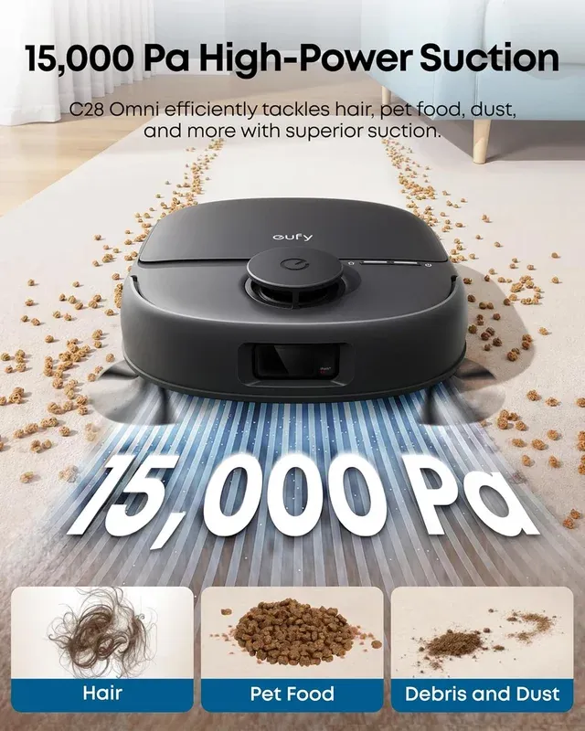 eufy Omni C28 cleaning pet food and debris with 15,000 Pa suction