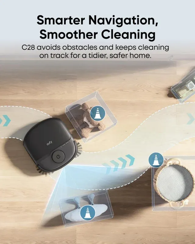 eufy C28 AI navigation avoiding obstacles on hardwood floor