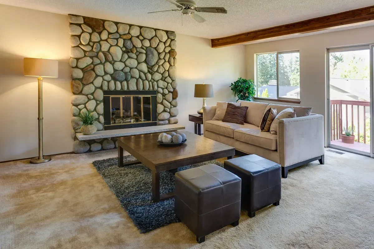 A brown themed living room seen across the rug