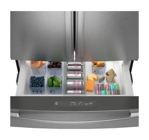 GE Profile refrigerator showing dispenser and door features