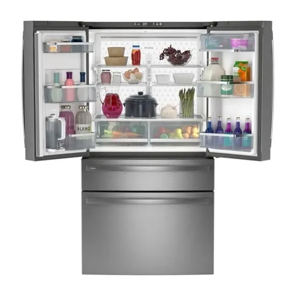 GE Profile refrigerator interior showing climate-controlled drawers