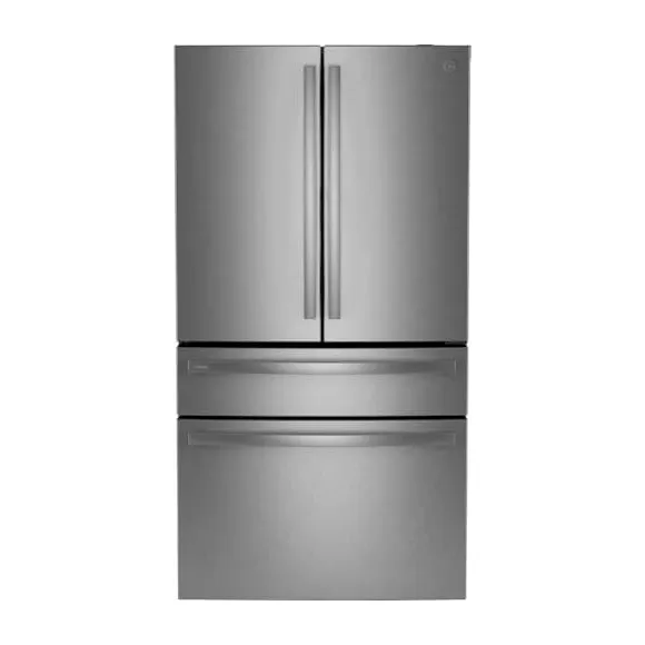 GE Profile French Door refrigerator front view with stainless steel finish