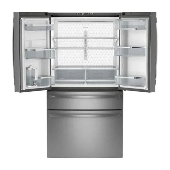 GE Profile refrigerator showing interior compartments and storage options