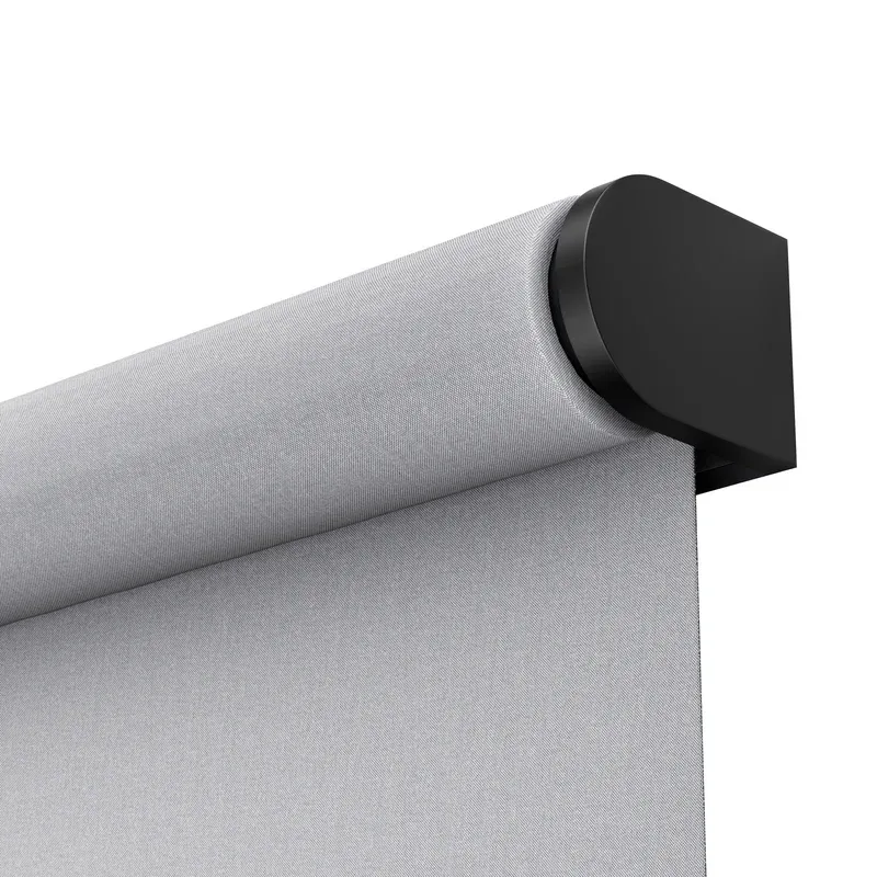 GE Smart Shade gray translucent fabric with black hardware shown in close-up from below