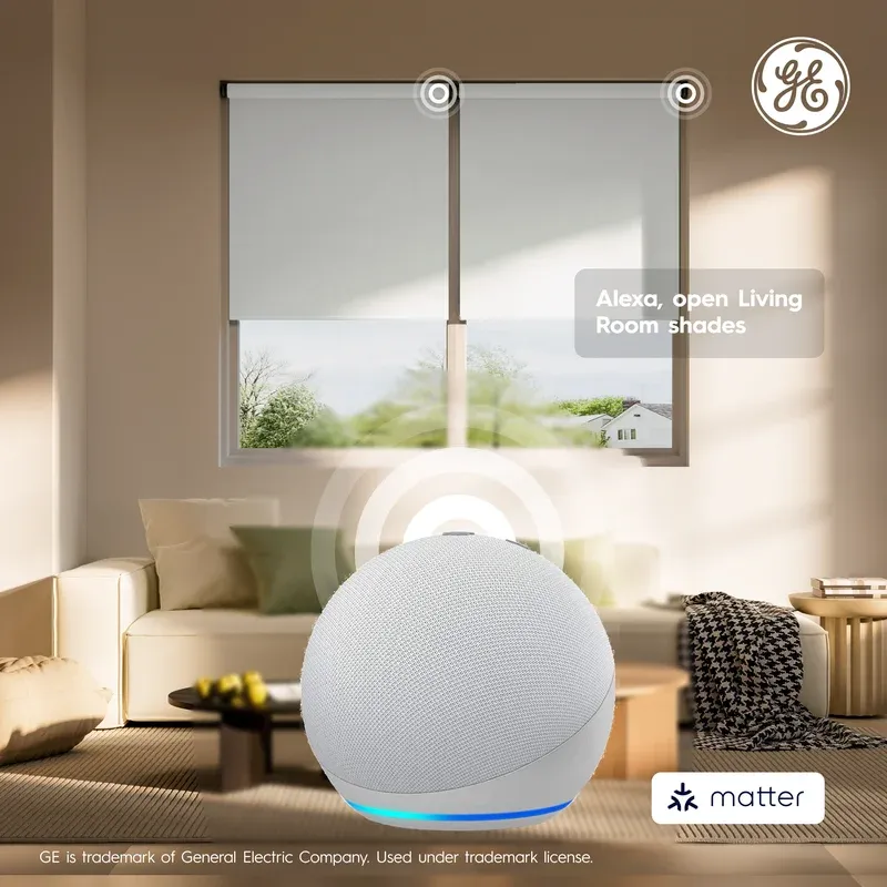 GE Smart Shade connected to Amazon Echo in a living room, showing Alexa voice control with Matter badge