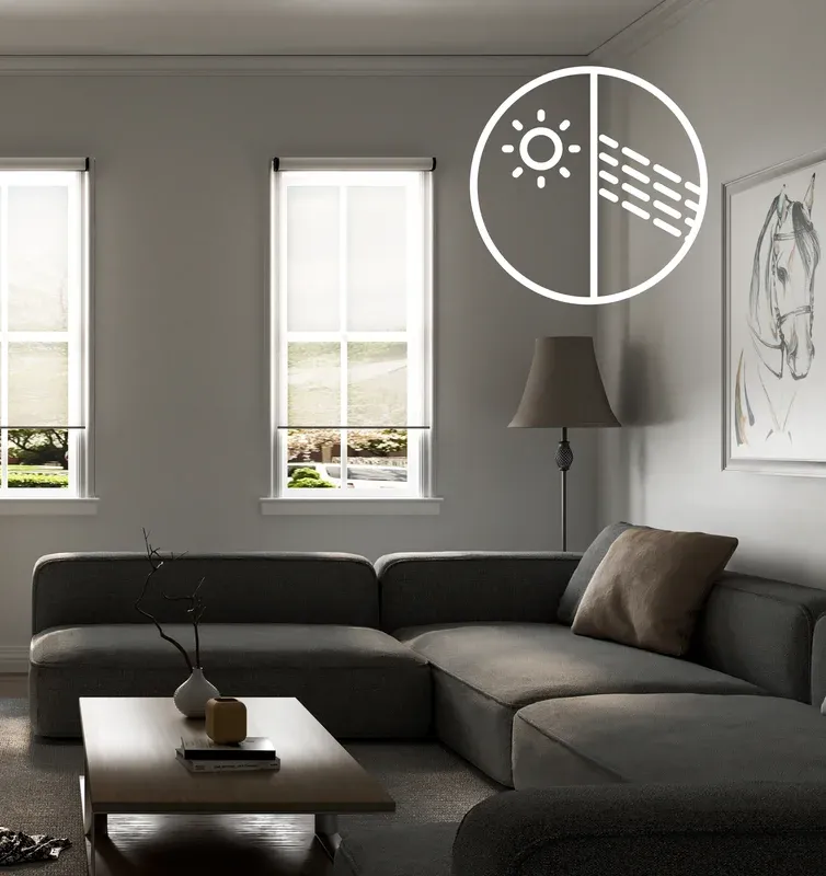 GE Smart Shade translucent fabric in a living room showing light filtering effect on windows