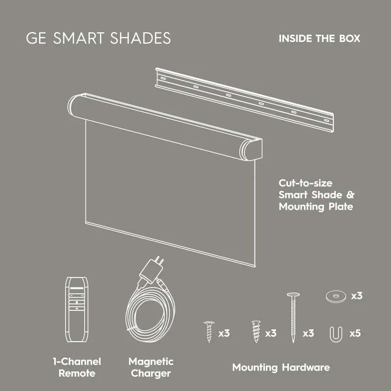 GE Smart Shade installation diagram showing the motorized shade, mounting plate, remote, magnetic charger, and hardware