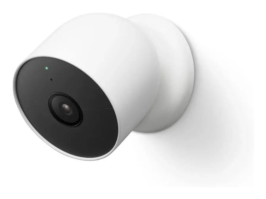 Google Nest Cam Outdoor at an angle showing mounting hardware and lens detail