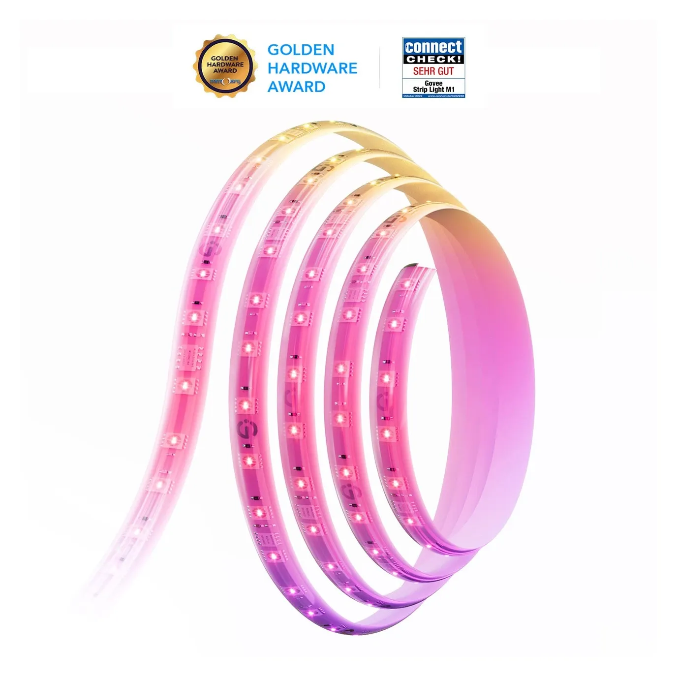 Govee M1 LED strip kit contents including power adapter control box and mounting clips