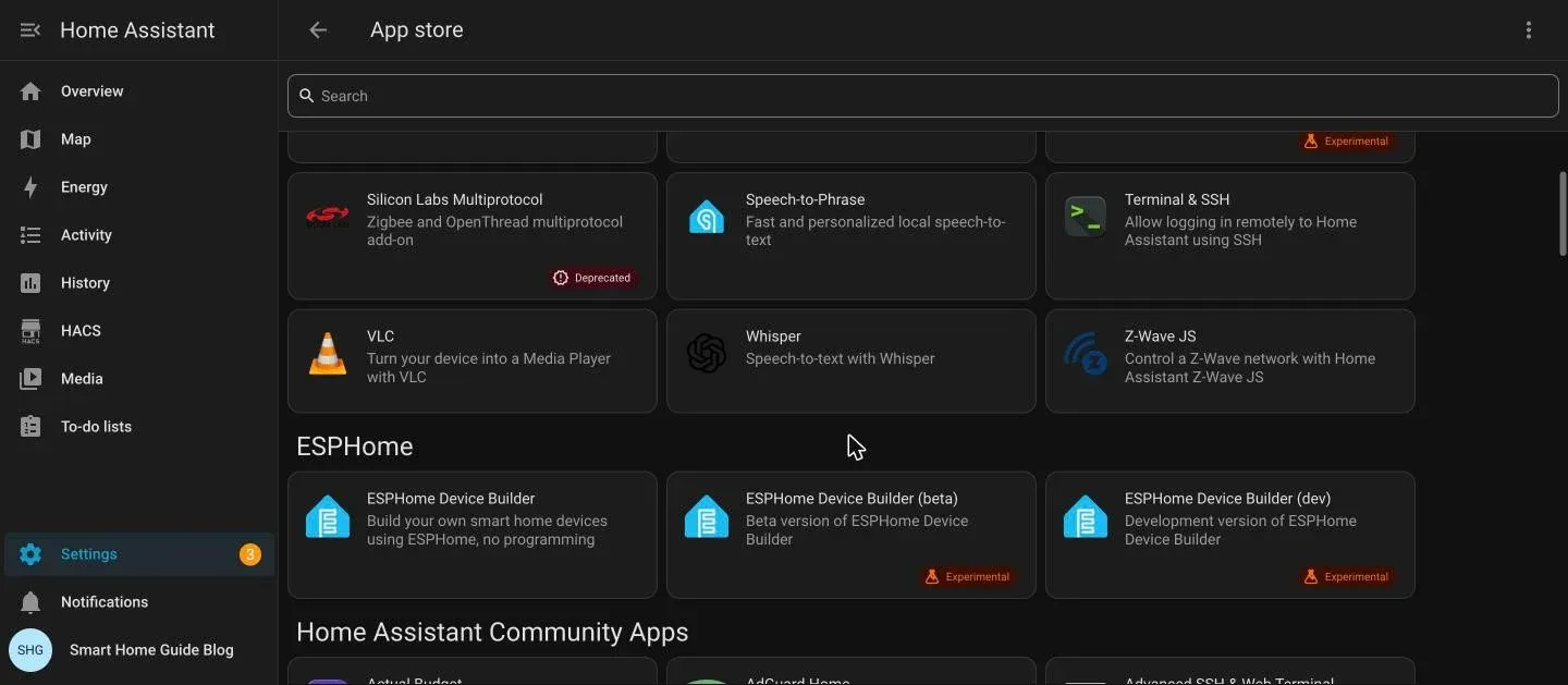 ESPHome Device Builder listed in the Home Assistant app store, in its own ESPHome section