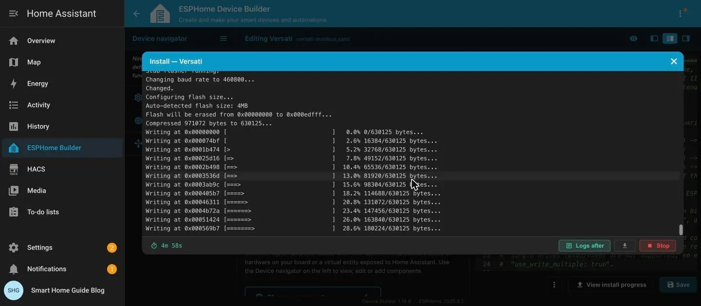 Install dialog showing the ESP flasher writing the compressed firmware to the ESP32 at 28 percent