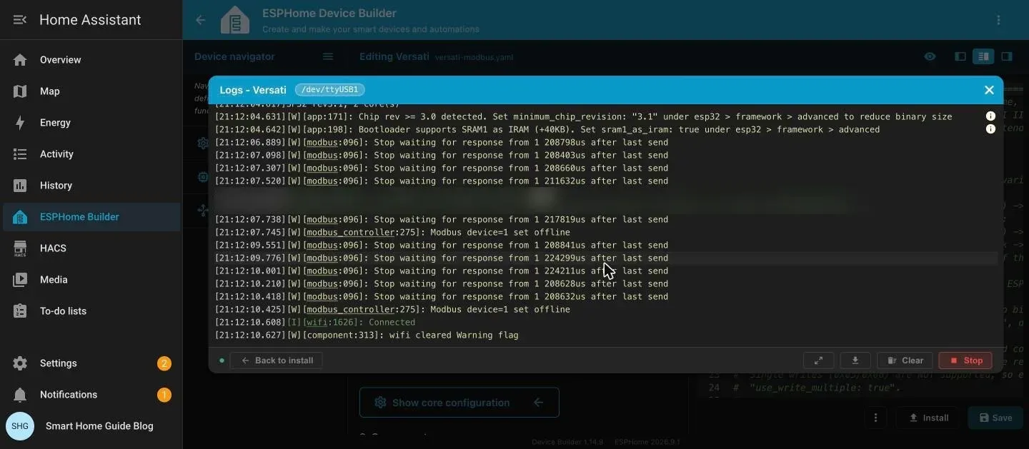 ESPHome live log after the first flash: Modbus offline warnings and Wi-Fi connected