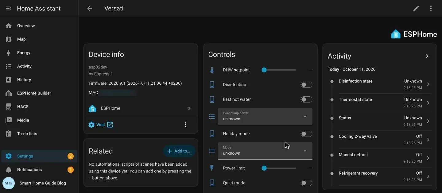 Versati device page in Home Assistant with the DHW setpoint, disinfection, power limit and other controls, all unknown