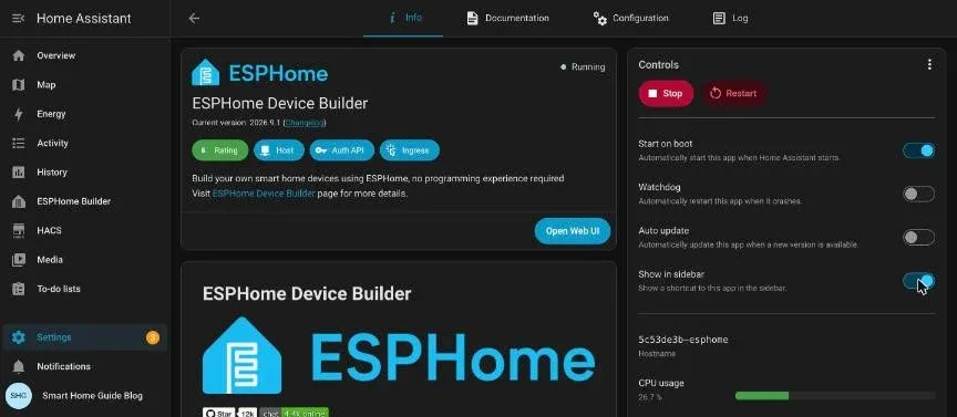 ESPHome Device Builder app running, with the Show in sidebar switch turned on and the new sidebar entry