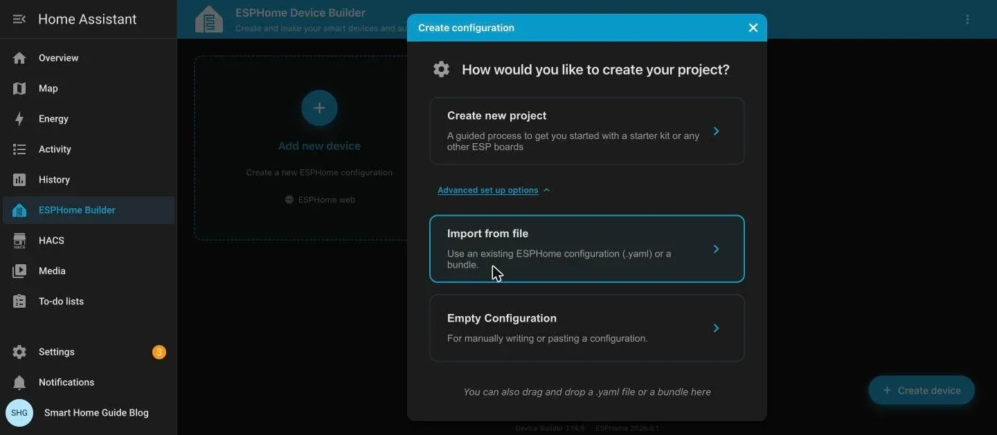 Create configuration dialog with Advanced set up options expanded, showing Import from file and Empty Configuration